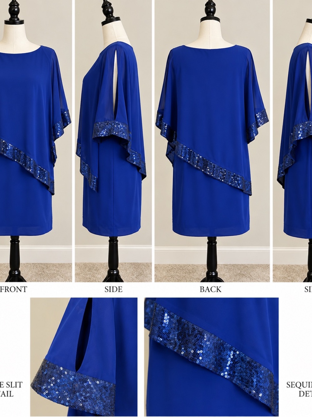 R&M Richards Royal Blue Sequin Cape Sleeve Dress Size 12 BNWT